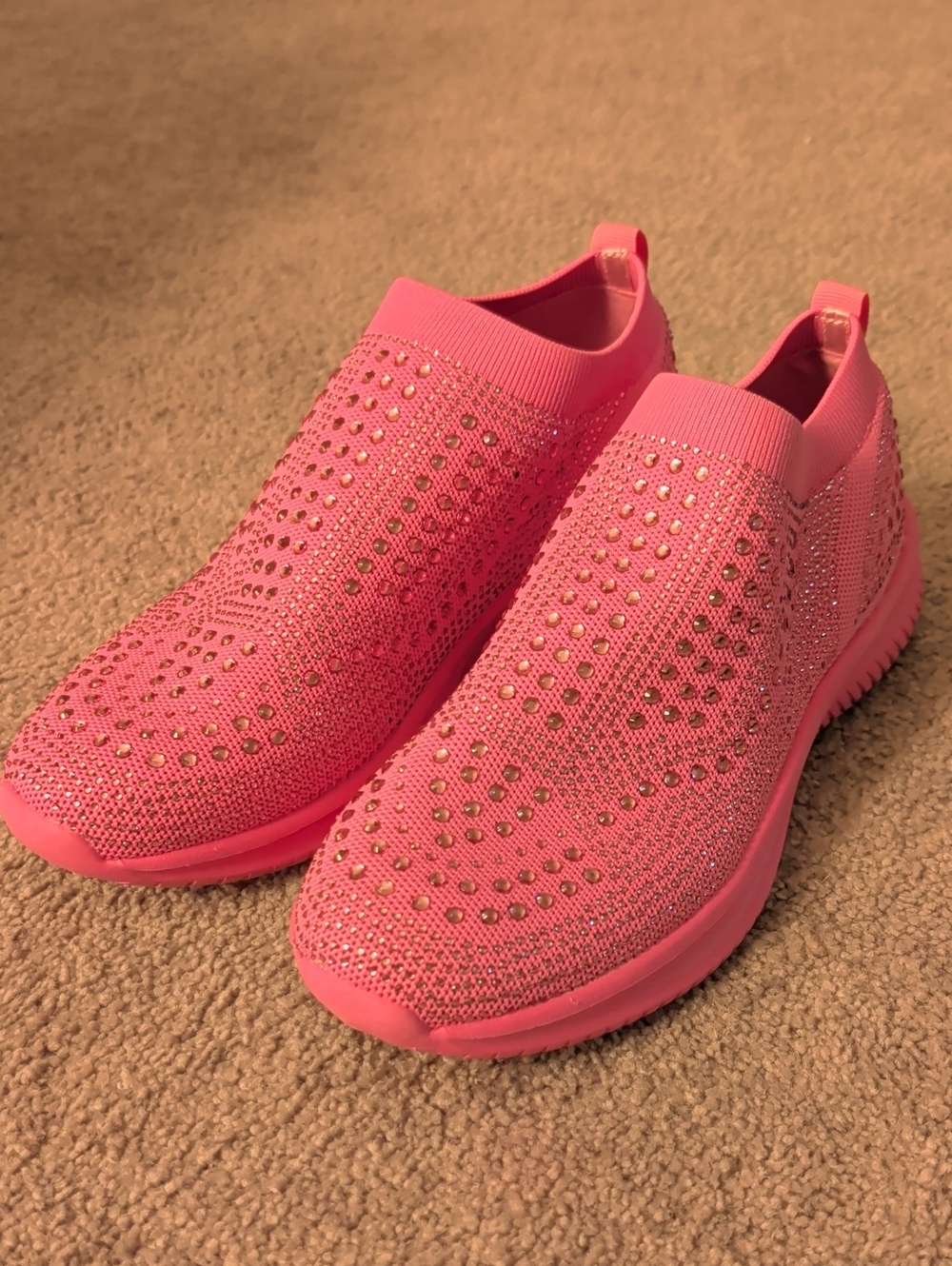 Women’s Slip-On Knit Sneakers with Rhinestone Accents - Hot Pink